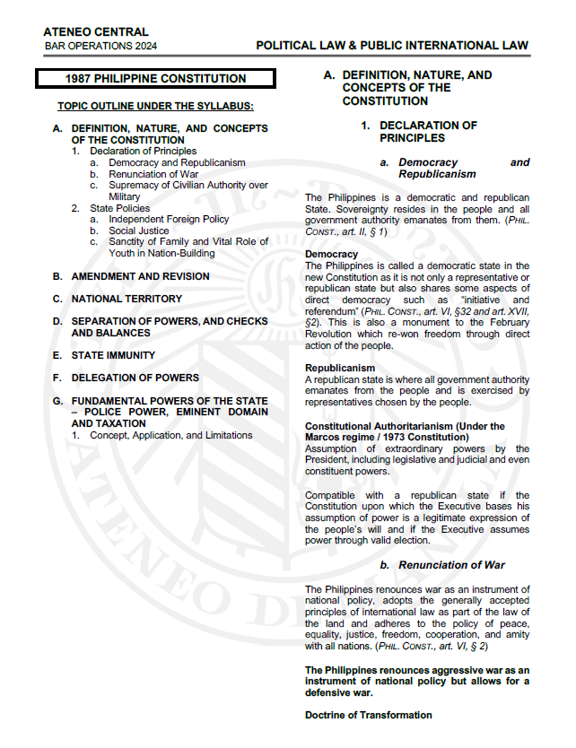 Reviewer Ateneo Blue Notes 2024 Bar Reviewer in POLITICAL and PUBLIC INTERNATIONAL LAW