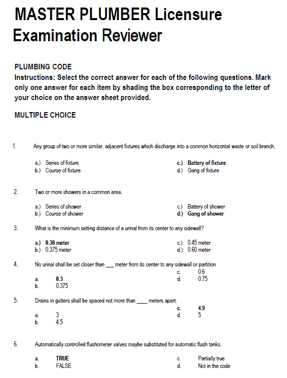Master Plumber Licensure  Exam Reviewer